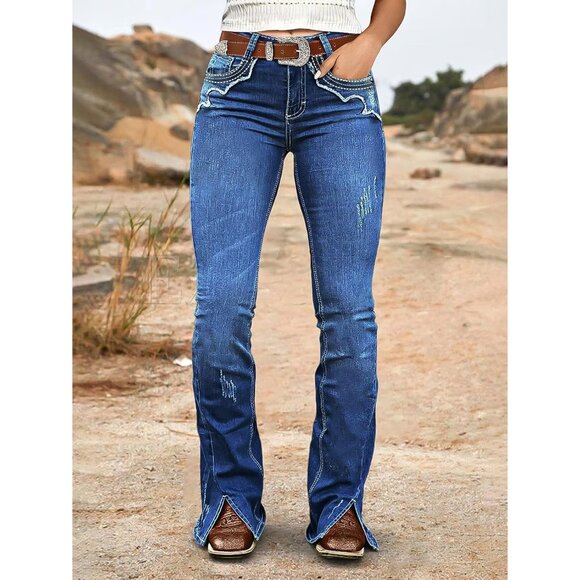 Women’s Bootcut Jeans Mid Rise Ripped Stitch Casual Fashion - Picture 3 of 5